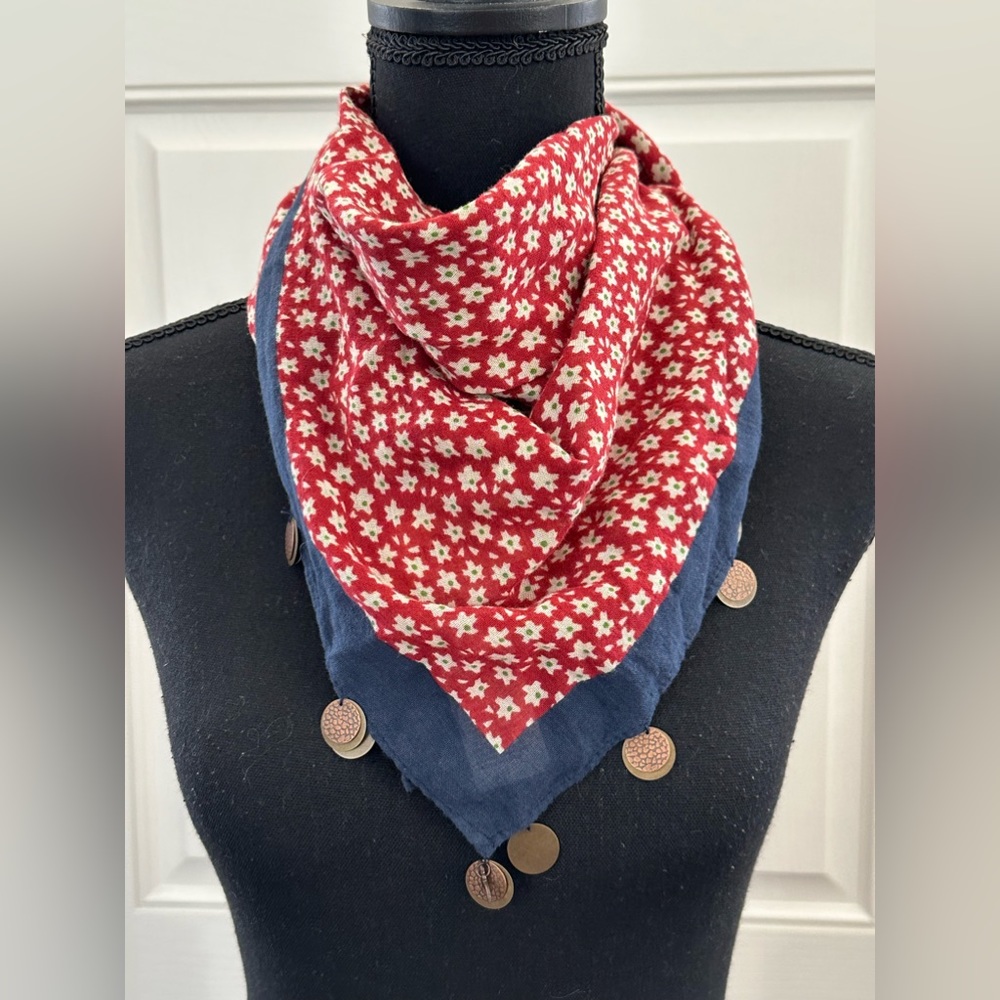 Hollister Red Scarf with flowers and Blue trim features dangling coins